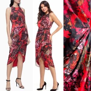 Calvin Klein Red Floral Sheath Dress Cascade Pleated Dark Romantic Wedding Midi